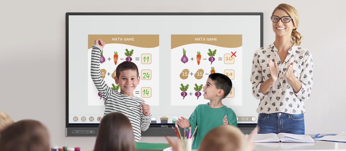 teacher using BenQ interactive display to play games in math class with her alpha generation students